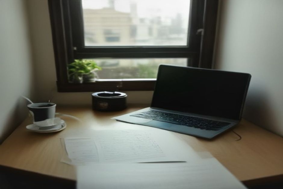 Carreiras Públicas: Mesa de escritório doméstico organizada com notebook fechado, caneca e caderno, iluminada por luz natural suave, ambiente acolhedor brasileiro.