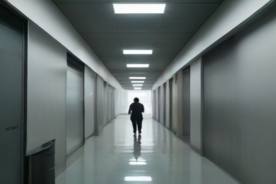 Corredor de órgão público com adulto caminhando de costas, portas abertas e ambiente funcional, iluminação clara típica de repartição.