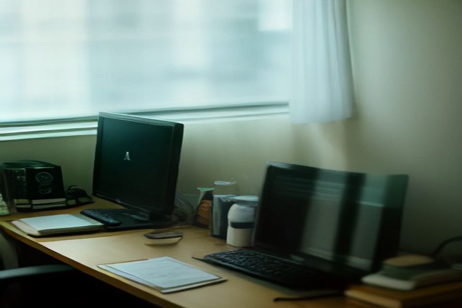 Mesa de escritório administrativo com monitor, pastas empilhadas e garrafa de água, objetos pessoais e luz natural lateral, sem pessoas.