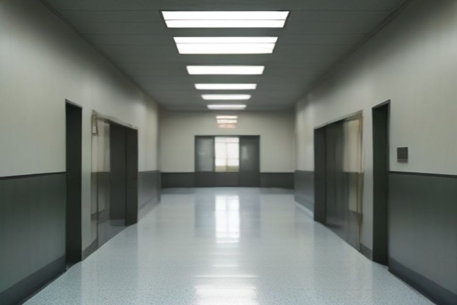 Concursos e Editais: Hall de entrada de prédio público brasileiro com balcões administrativos e cartazes desfocados ao fundo, sem pessoas presentes.