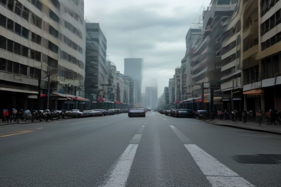 Rua movimentada com prédio governamental ao fundo e pessoas caminhando separadamente, clima nublado, detalhes urbanos reais.