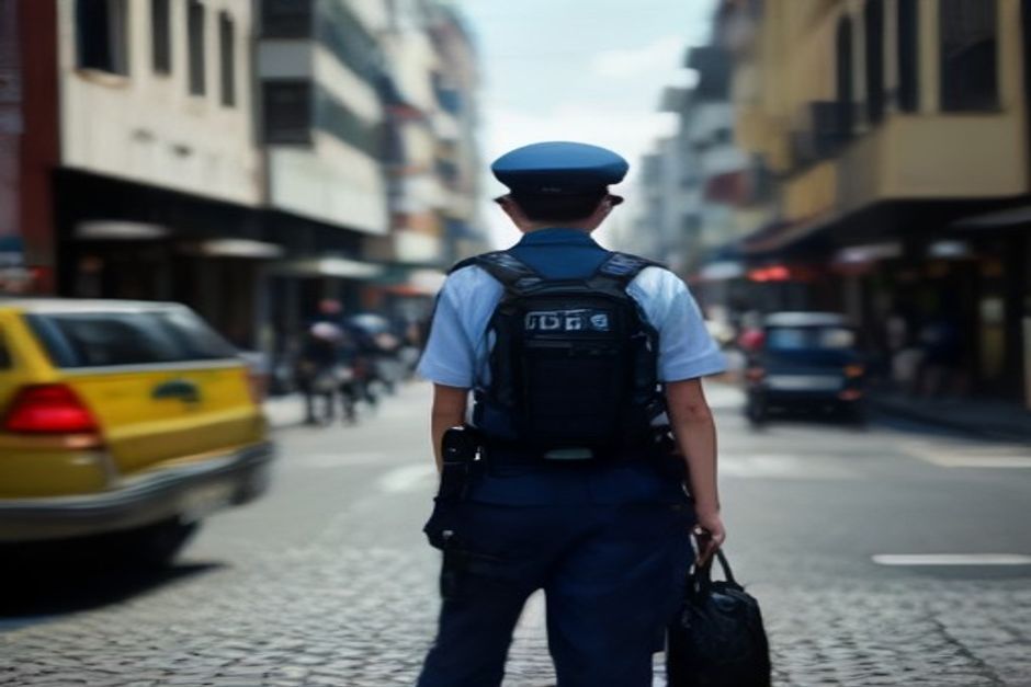 Policial de costas em rua movimentada do Brasil, com prédios e carros ao fundo, cena urbana durante o dia.
