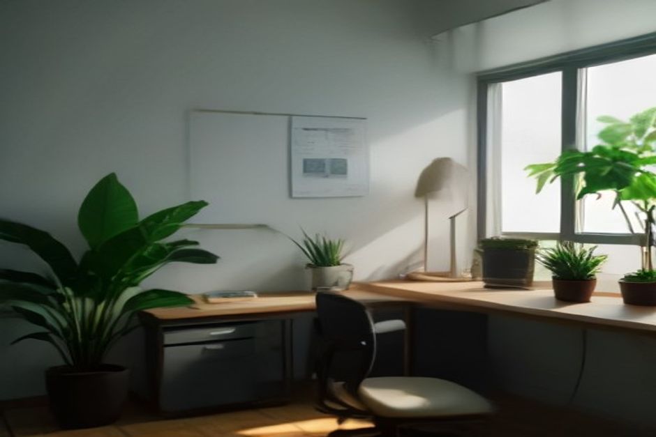 Estação de trabalho em escritório moderno no Brasil com cadeira vazia, computador e planta, iluminada por luz do sol.