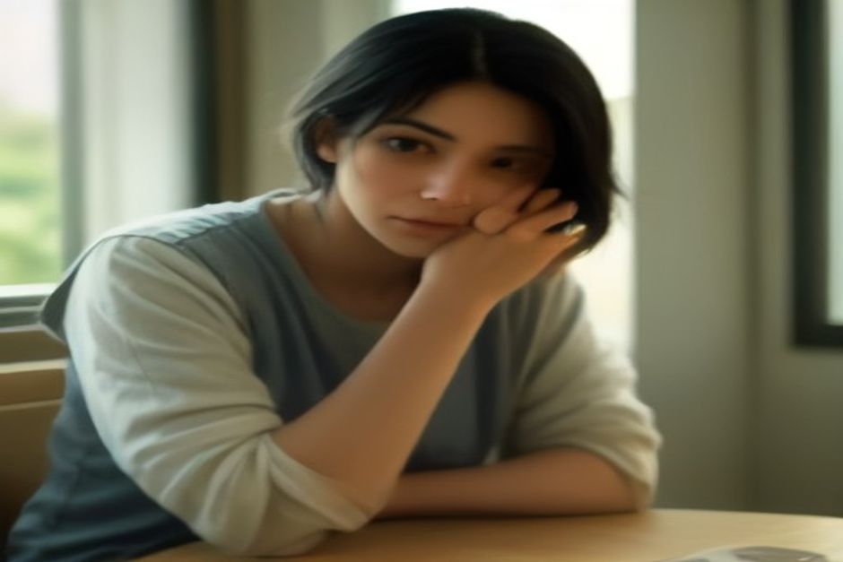 Pessoa adulta sentada à mesa em casa, olhando pensativa para fora da janela, iluminada por luz natural suave.