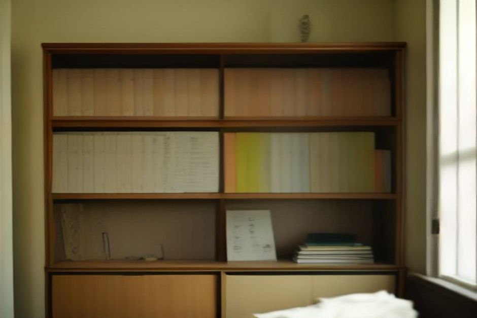 Dicas de Estudo: Estante cheia de livros de concursos e apostilas, com marcadores e sinais de uso, iluminada por luz do dia suave.