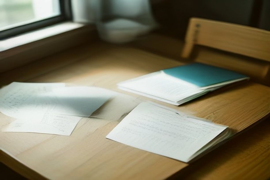 Mesa com notebook, caderno aberto, folhas de questões e uma pessoa resolvendo exercícios com caneta, ambiente autêntico e luz natural.