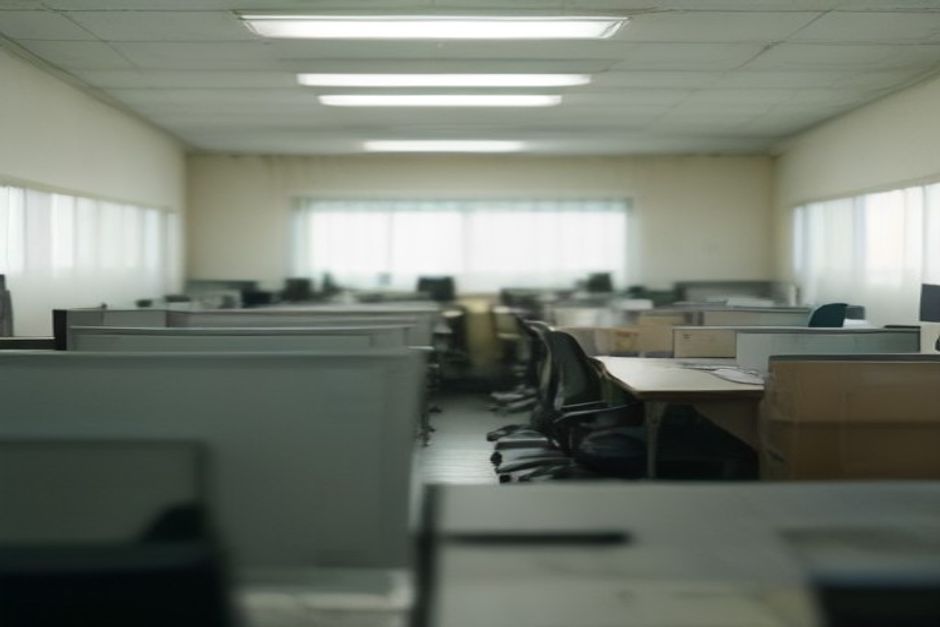 Notícias de Concursos: Redação de jornal com mesas, cadeiras vazias e computadores, ambiente realista iluminado pela luz do dia.