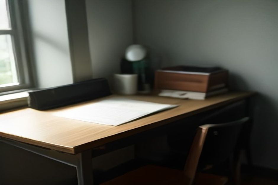 Mesa bagunçada com caderno aberto, caneca e celular virado para baixo em sala de estudos iluminada pela manhã.