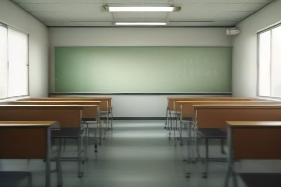 Preparação para Concursos: Sala de aula brasileira vazia, carteiras organizadas, mochilas penduradas e luz natural entrando pelas janelas, com quadro branco ao fundo.