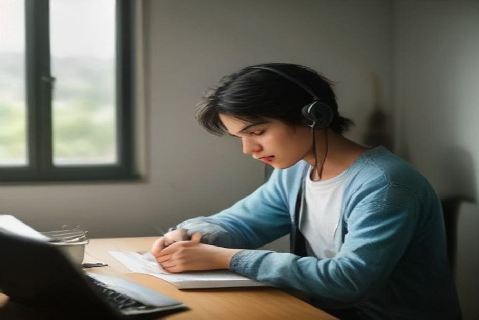 Estudante brasileiro em casa, usando fones de ouvido e estudando no notebook em uma mesa com materiais escolares e caneca.