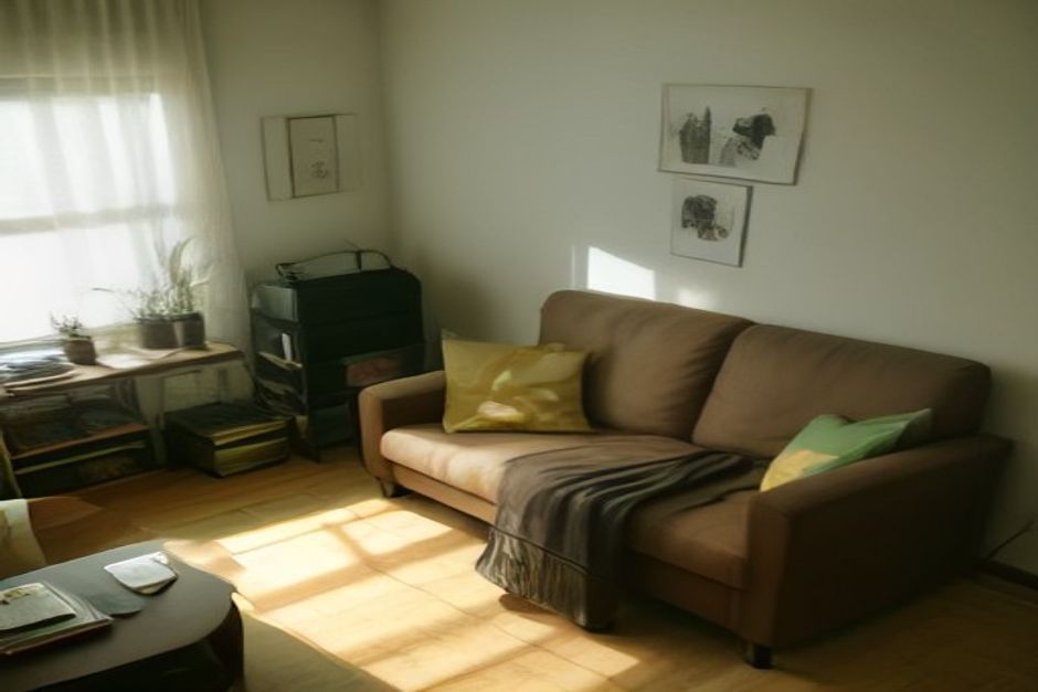 Sala de estar brasileira com mesa de centro repleta de cadernos, laptops, mochila e materiais de estudo sob luz natural.