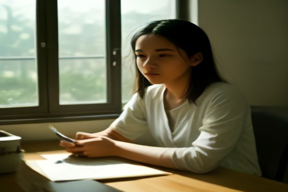 Jovem brasileiro sentado à mesa da cozinha, olhando pensativo pela janela, com notebook fechado e caderno ao lado.