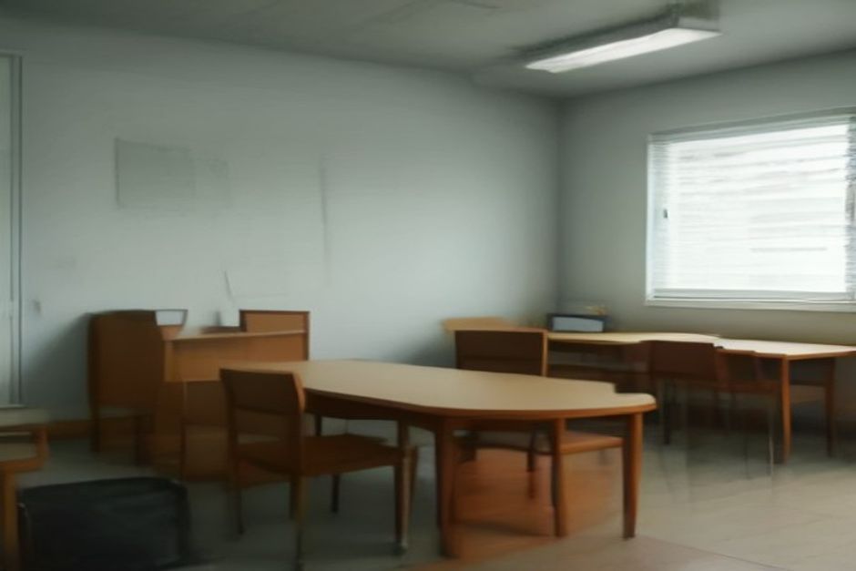 Aluno organizando mochila e materiais de estudo em sala de grupo de estudos, mesa redonda e quadro branco ao fundo, luz natural.