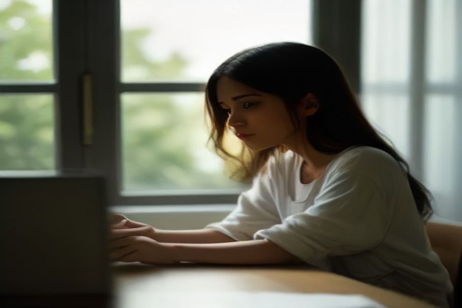 Estudar Antes do Edital: Jovem adulto brasileiro sentado à mesa de uma cozinha simples, olhando pela janela com materiais de estudo espalhados ao fundo.