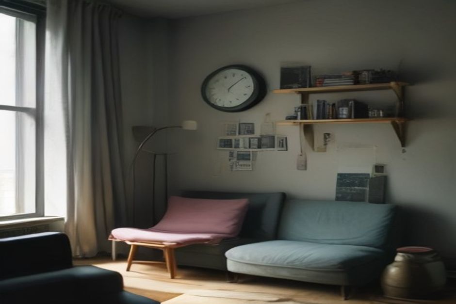 Sala de estar simples com relógio na parede marcando 19h, canto de estudos bagunçado com livros e cadeira vazia.