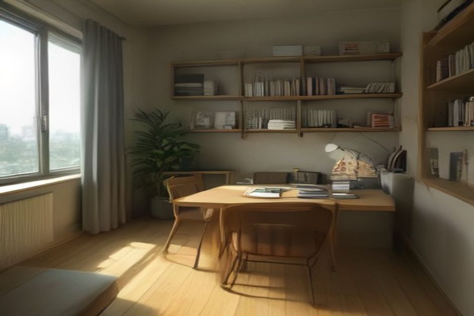 Estante com livros de direito administrativo e gramática, mesa com caderno e marca-texto abertos em ambiente iluminado por luz natural.