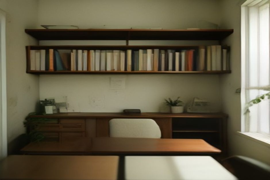 Legislação para Concursos: Estante com livros de direito usados, papéis soltos e planta pequena em escritório doméstico brasileiro, sem pessoas.