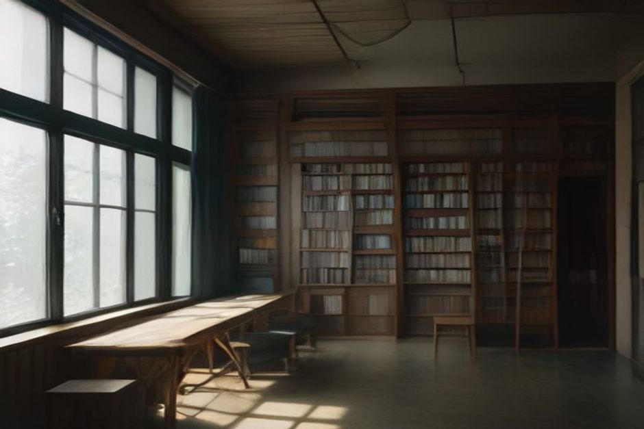 Mesa de madeira em biblioteca com pilha de livros jurídicos e notebook fechado, iluminada por luz natural, sem pessoas.